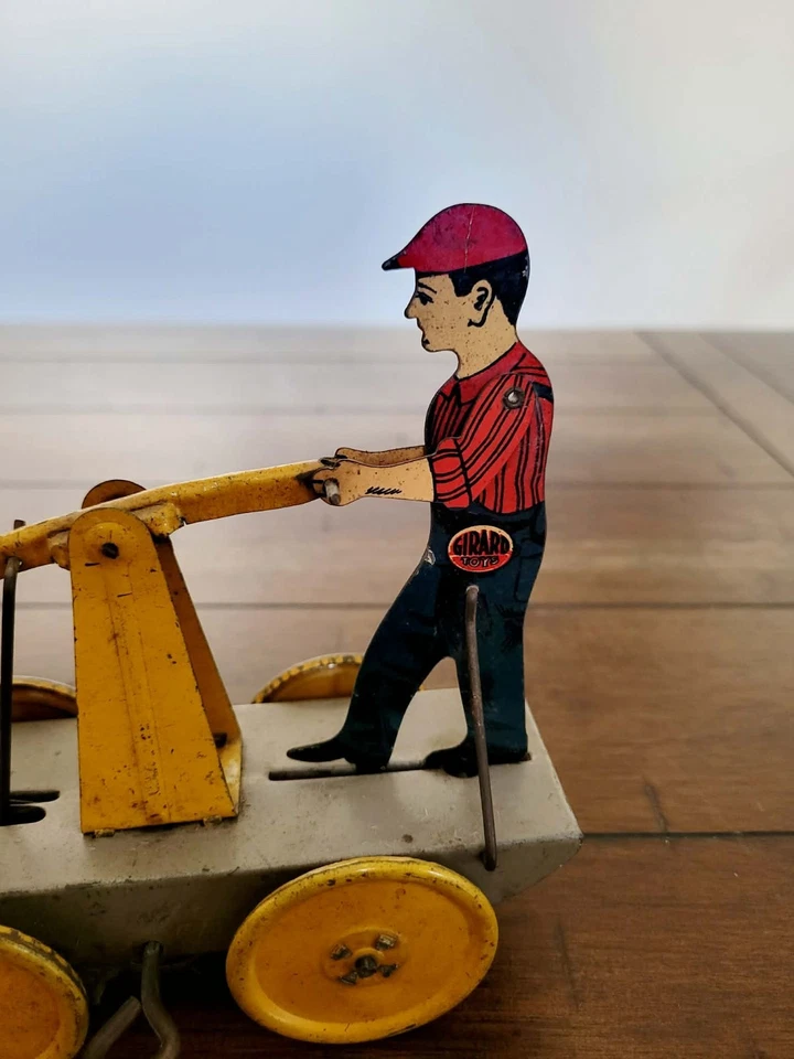 Coche de mano de ferrocarril de cuerda litográfica de hojalata Girard Toys vintage de los años 30 Foto 4 de 4