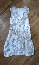 Made in Italy Linen Cotton Tropical Floral Ruffle Tunic Dress Pockets L/XL White