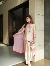 New Latest Natural Satin Cream Salwar Kameez With Dupatta For Function Wear