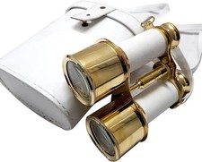Handmade Shiny Brass Binoculars with White Leather Vintage Marine Style