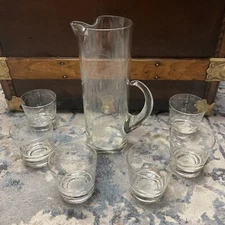 Vintage Mid Century Etched Pitcher And 6 Etched Glasses