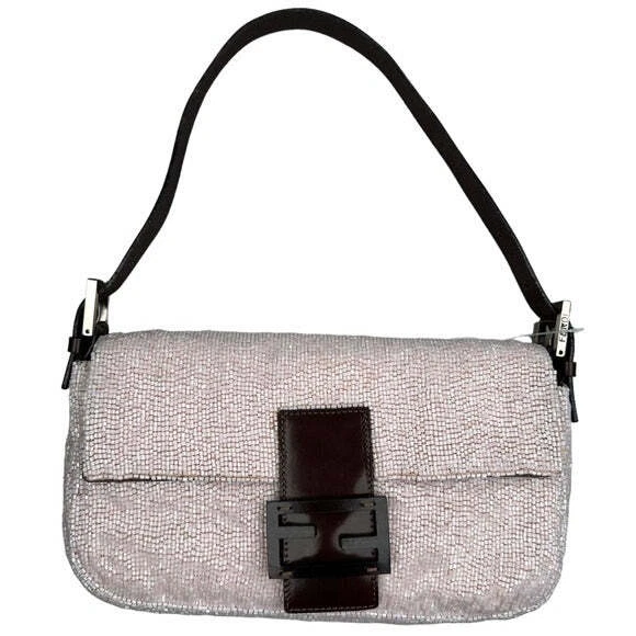Fendi Baguette Pink Beaded Flap Silver Brown Leather Shoulder Purse