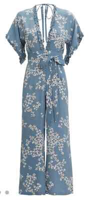 FAITHFULL THE BRAND Jumpsuit Womens Large Blue Floral Wide Leg Crop LaVilla