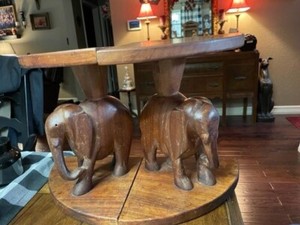 Pair of Hand Craved Vintage Wooden Elephant Pedestal Tables 11.75  Tall