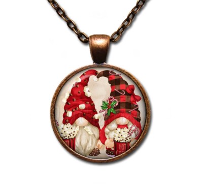 Super Cute Christmas Gnome Couple - Handmade Round Glass Pendant Necklace