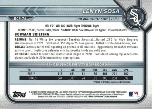 Lenyn Sosa Bowman Chrome Prospects 2022 Bowman #BCP-76 - Picture 2 of 2