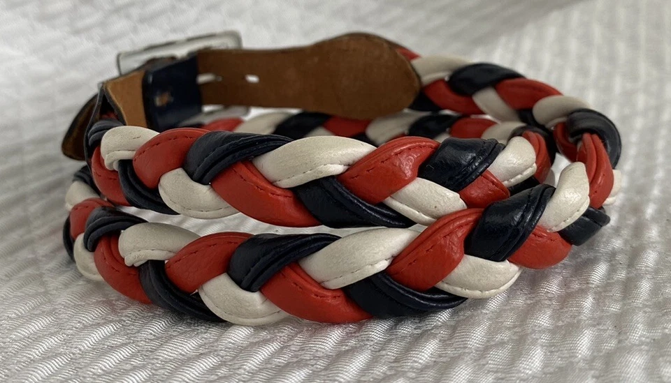 Cinto trançado feminino vinil vermelho branco e azul com extremidades de couro tamanho 26 4 de julho - Imagem 3 de 4