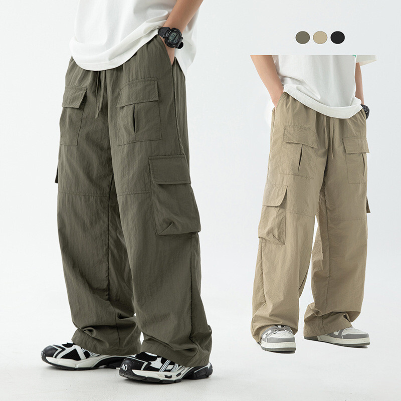 Spring Mens Loose Fit Cargo Pockets Straight Long Pants Wide Leg