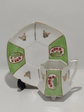 VINTAGE OHASHI CHINA JAPAN GREEN PORCELAIN FOOTED DEMITASSE CUP & SAUCER 