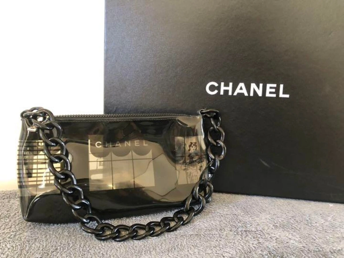 Chanel PVC Vinyl Matelasse Windows Line Plastic Chain Black Handbag