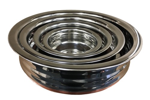 SET OF 4 ROUND STAINLESS STEEL HANDI BOWLS / URLI SERVING DISH WITH COPPER BASE - Picture 5 of 5