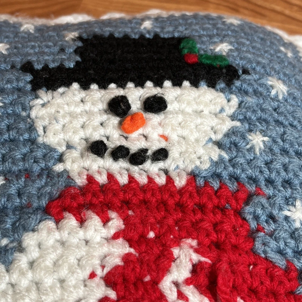 Handmade Crocheted Christmas Throw Pillow Snowman Blue 10" x 12" - Image 3 of 4