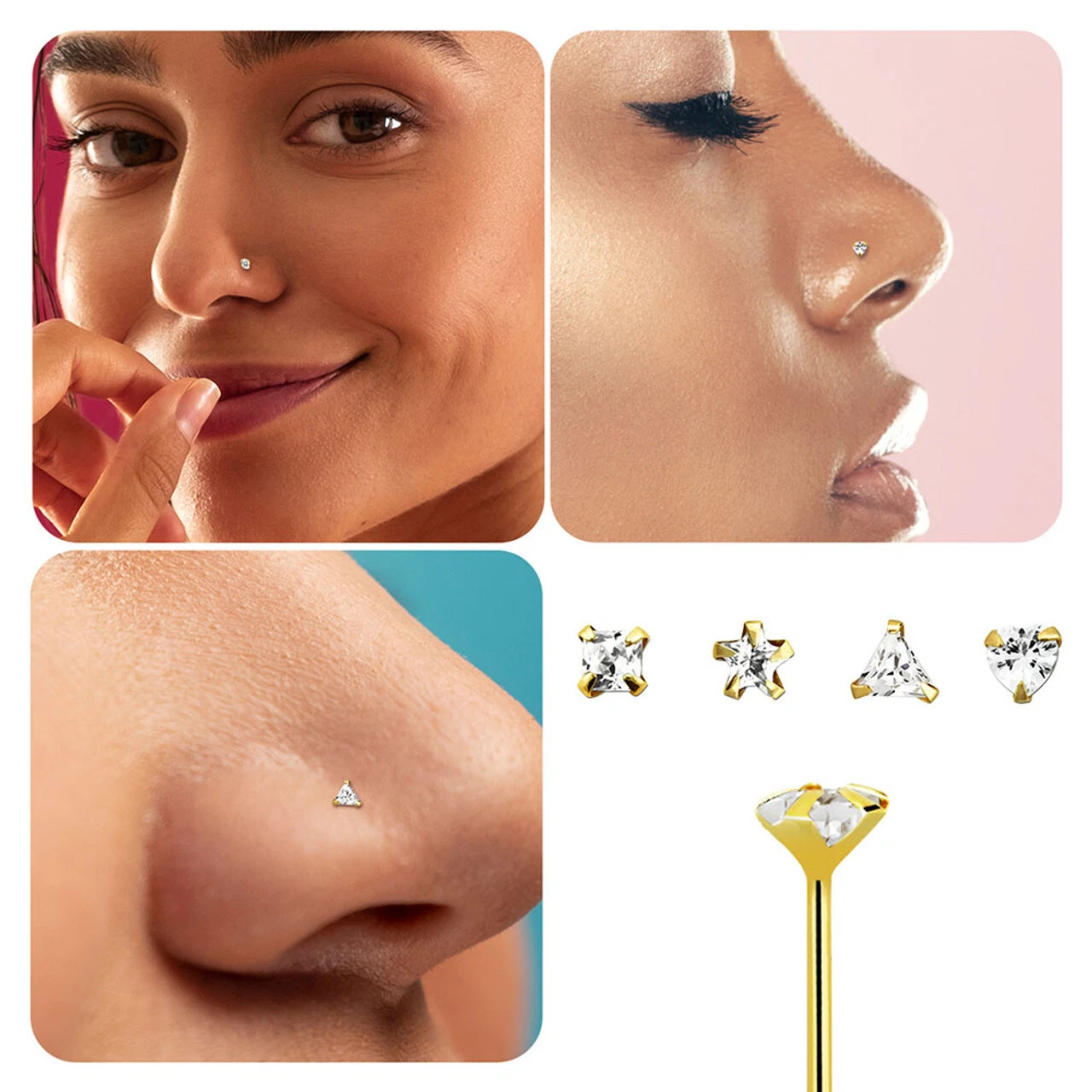 14K Solid Gold 22G Custom Bend Fishtail Bendable Nose Stud Ring Clear Crystal CZ Top Nose Piercing Jewelry  11mm for Women Men