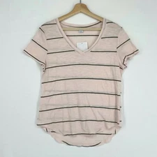 Splendid Womens Small Pajama Top Pink Olive Green Stripe Slub Knit V-Neck Lounge