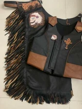 Western Leather Top Grain  Cherry Bull Riding  Rodeo Chaps & Vest