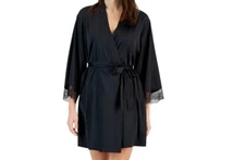 I.n.c. International Concepts Women's Lace-Trim Stretch Satin Robe Black Size XL