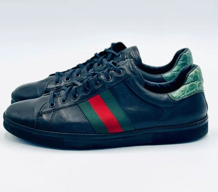 Baskets Gucci cuir noir vert bordure croco as taille 7 US 9