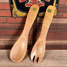 Brown Wood Salad Server Fork And Spoon 7 3/4" Long 1 7/8" Wide