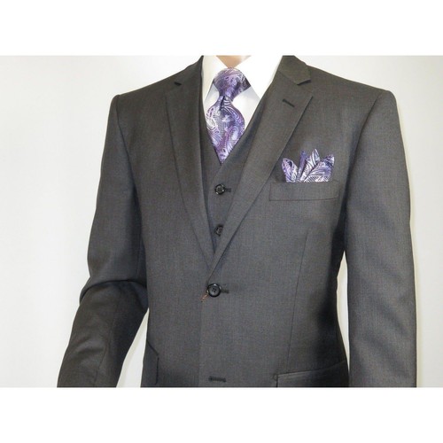 Mens Vitali Three Piece Suit Vested Semi Shiny Sharkskin M3090 Charcoal Gray - 第 19/36 張圖片