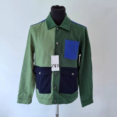 Zara Patchwork Colourblock Jacket Size Small Cotton Green Blue 