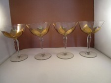 Vintage Painted Gold Flower Optic Clear Glass Set of 4 Champagne Glasses