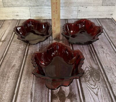 3 Fire King Anchor Hocking Ruby Red Maple Leaf Dessert/Salad/Candy Bowls Dishes