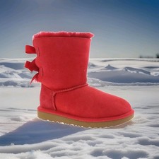 UGG Bailey Bow II Red Ribbon Suede Fur Short Boots Little Girl Size 8 NIB