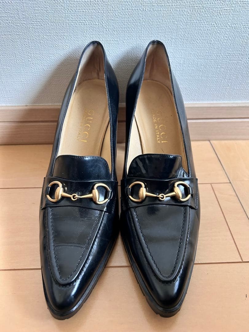 GUCCI Heel Horsebit Leather Pumps Black EU 38 135177K Authentic
