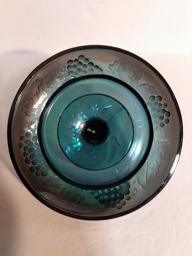 Vintage Indiana Glass Iridescent Blue Green Grape Compote w Lid 9" tall 6.5" dia - Picture 10 of 11
