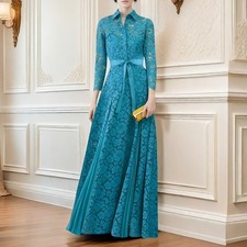Vintage Peacock Blue Dress Lace Hollow Out Dress Luxury Long Party A-Line Dress