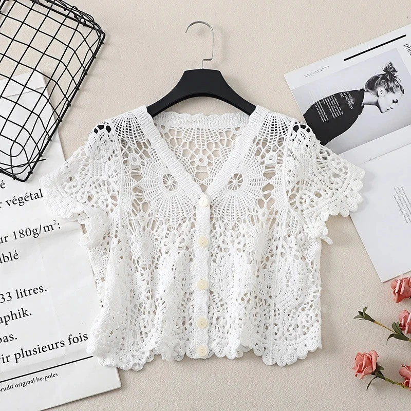 Women Crochet Shrug Bolero Cardigan Hollow Out Knitted Lace Crop Top Cover Up