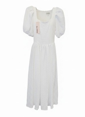 elli white textured white midi dress with short puff sleeves and square neckline