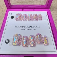 Handmade Hard Gel Press on Nail Art Kit Sz S Glitter Translucent Short Square