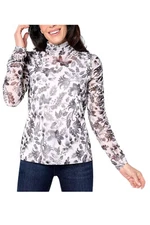 Susan Graver Printed Mesh Ruched Mock-Neck Long-Sleeve Top Charcoal