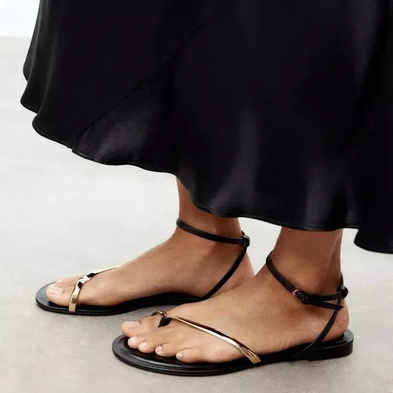 Sandalias Mujer Planas Elegantes Minimalista Infradito Correa Oro Negro CF719436