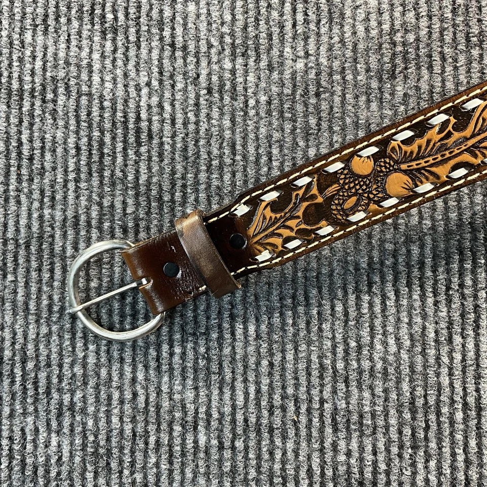 Cinturón de cuero Western Tooled para hombre 34 marrón nombre TYLER bordes con cordones hecho en EE. UU. Foto 4 de 4