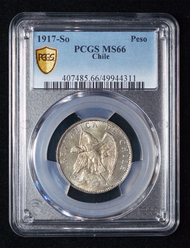 PCGS MS66 1917 Chile 1 Silver Peso Santiago mint Two-year type lone PCGS finest!