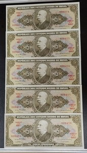 Brasilien Brazil 5 Cruzeiros 1960's Low (4) Serial #'s (8474-8478) Crispy UNC 