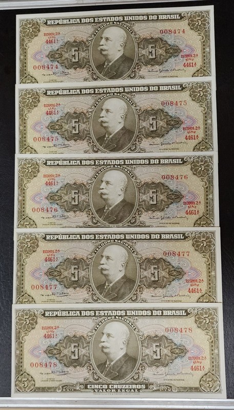 Brasilien Brazil 5 Cruzeiros 1960's Low (4) Serial #'s (8474-8478) Crispy UNC 