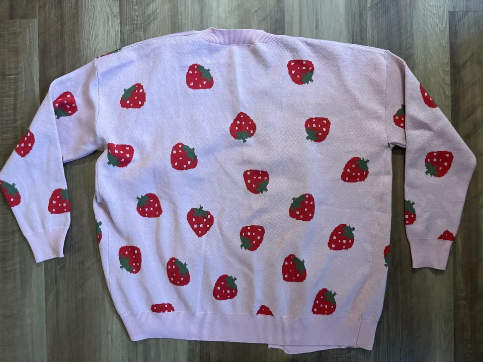 Cárdigan suéter fresa para mujer XL rosa frente abierto patrón de frutas por todas partes Foto 3 de 4