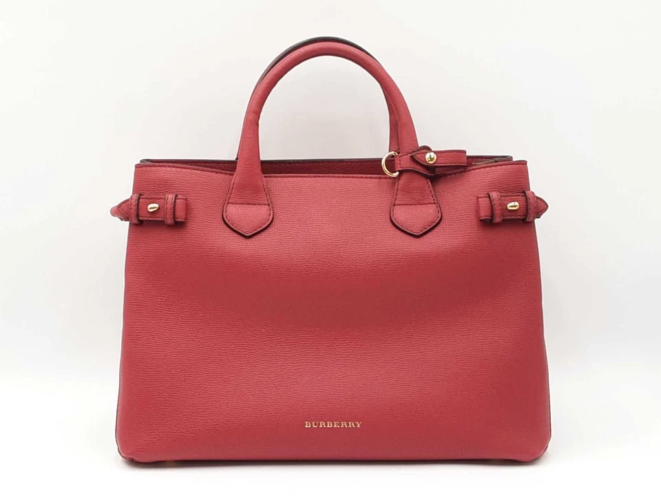 Burberry Banner Tote Bag In Red Leather & House Check Canvas Fw0525prxdu