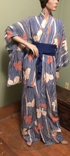 Vintage Blue/Coral/Ivory Floral Silk Japanese Kimono w/Obi