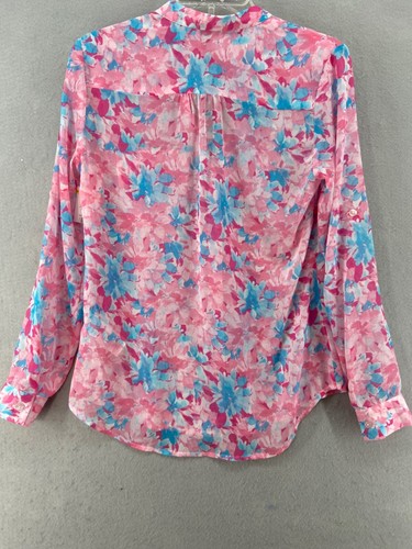 KUT from the Kloth Shirt Womens Sz XS Pink Blue Floral Top Sheer Roll Tab Sleeve - Picture 11 of 13