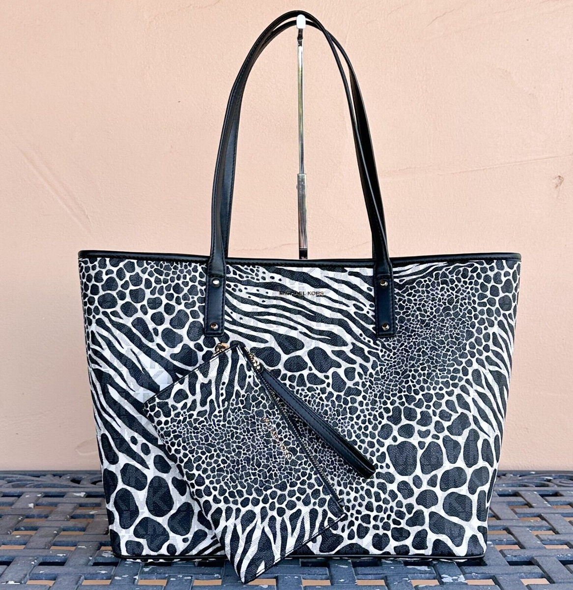 MICHAEL KORS CARTER SHOULDER OPEN TOTE BAG + WALLET MK ZEBRA PRINT