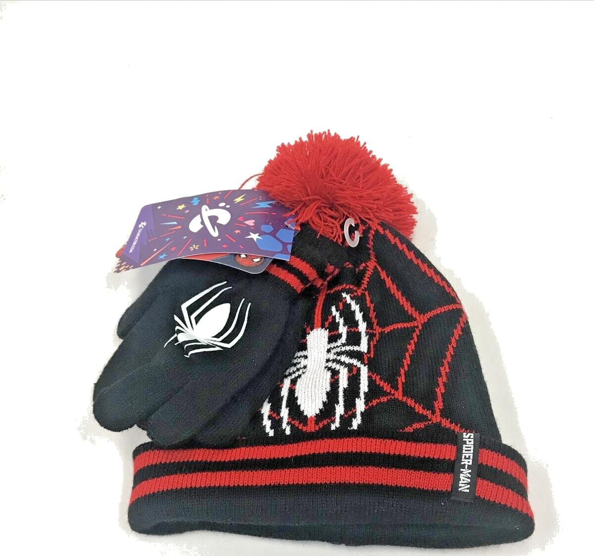 Kids Marvel Spiderman Winter Pom Pom Hat and Gloves Set Black and