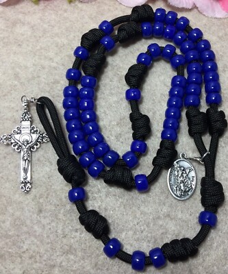 Paracord Rosary - Blue Beads Catholic Rosary- St. Michael Medal-Handmade In USA