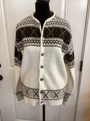OLAV ANDERSEN REVERE Nordic Fair Isle Cardigan Sweater Cream Black Tan 70s Vtg