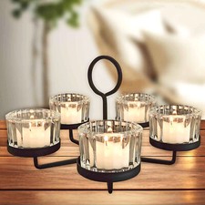 5-Arm Glass & Black Metal Tea Light Candle Holder Candelabra Wedding Centrepiece