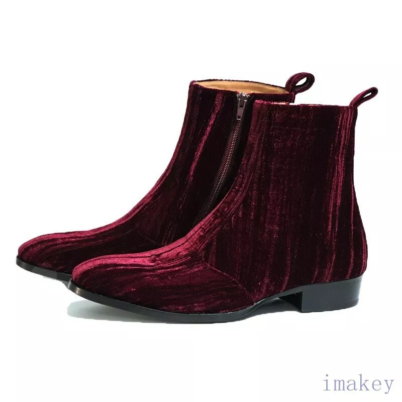 Mens Wine Red Velvet Toe Chelsea Ankle Boots Shoes Size | eBay