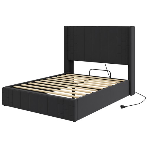Queen Size Bed Frame Hydraulic Storage Upholstered Platform with Charging Port - Picture 7 of 11